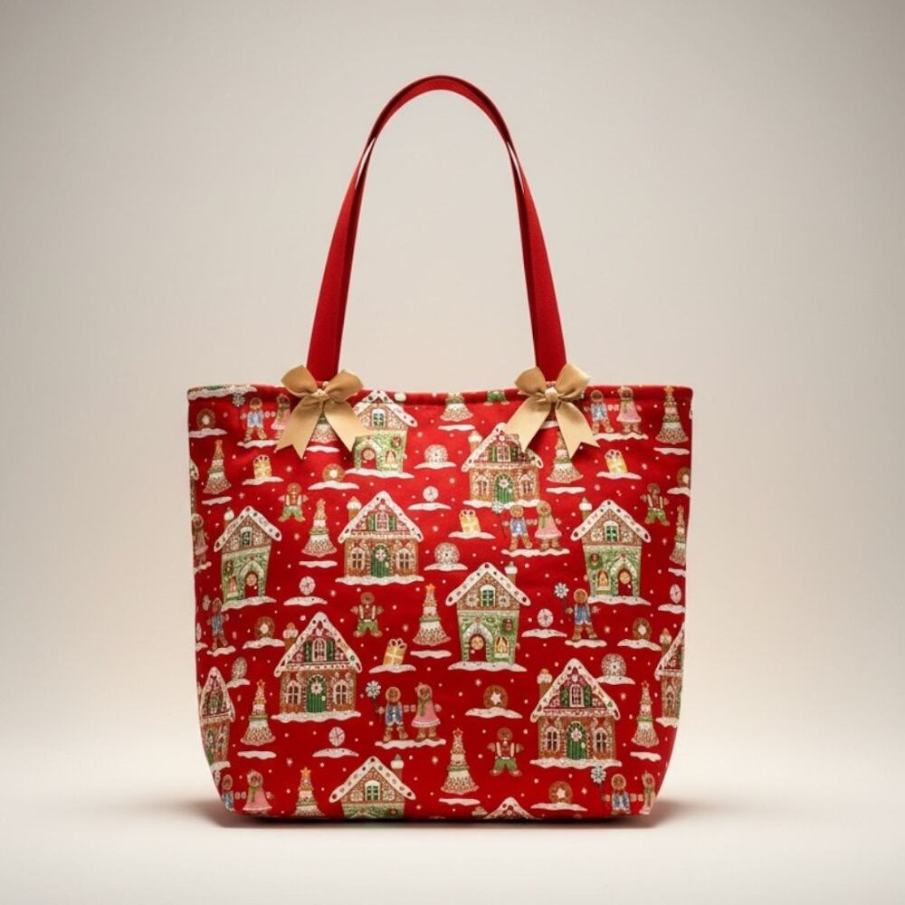 Handmade Womens Christmas Tote Bag Gingerbread House Red Holidays Gift